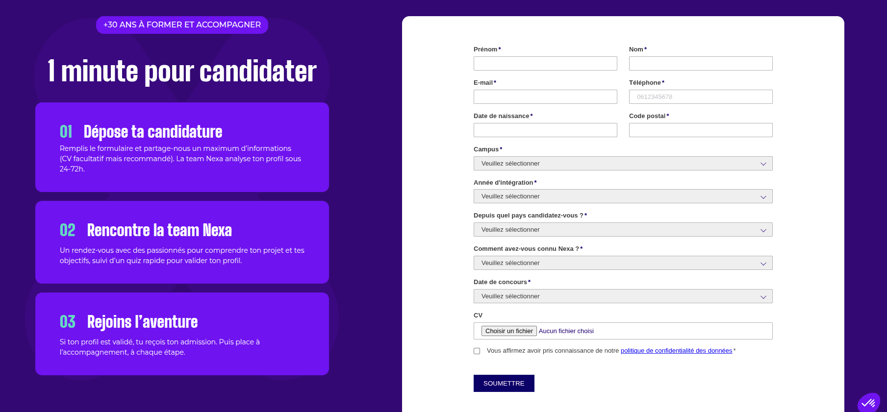 Formulaire de candidature intégré à la plateforme